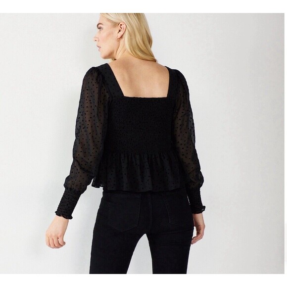 Nine West 2X XXL Smocked Squared Neck Black Semi Sheer Blouse Puff Sleeves NWT - Picture 1 of 15